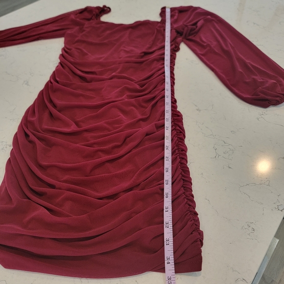 Fashion rushed bodycon red dress with blouson sleeves  squared neck size Large - Picture 13 of 13